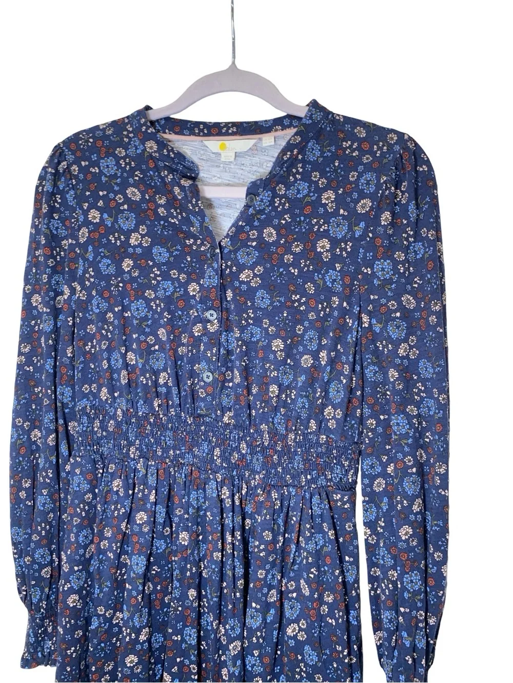 Boden Blue Ditsy Floral Smocked Waist‎ Dress - Long Sleeve Button Front - Size 6